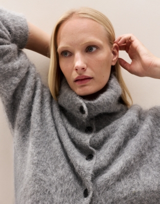 High-Neck Cardigan with Alpaca - Grey Marl