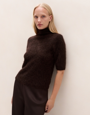 High-Neck Knitted T-Shirt with Alpaca