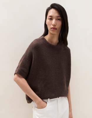 High Neck Knitted T-shirt with Cotton - Milk Chocolate Marl
