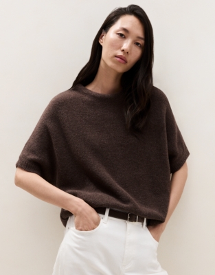 High Neck Knitted T-shirt with Cotton - Milk Chocolate Marl