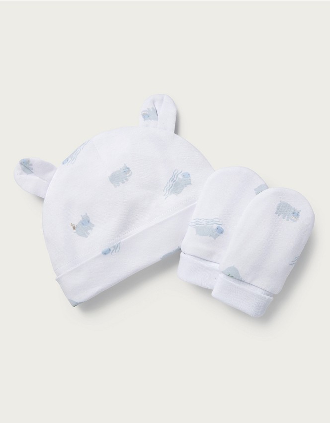 Hippo-Print Hat & Mitt Set | Baby Boys' | The White Company UK