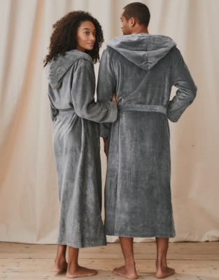 Super Soft Gray Plush Hooded Women's Robe