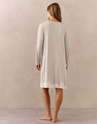 Jersey Appliqué Lace Long Sleeve Nightdress - Cloud Marl