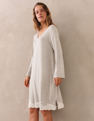 Jersey Appliqué Lace Long Sleeve Nightdress - Cloud Marl