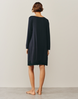Jersey Appliqué Lace Long Sleeve Nightdress - Navy