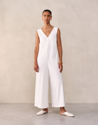 Jersey Cropped Wide Leg Jumpsuit - Ivory