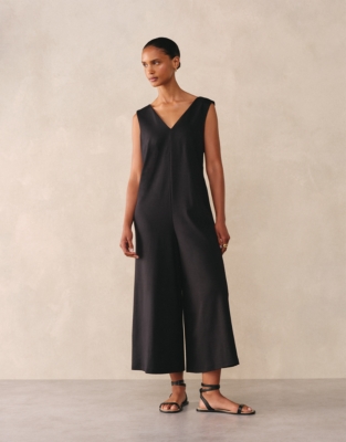 Jersey Cropped Wide Leg Jumpsuit - Black