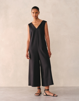 Jersey Cropped Wide Leg Jumpsuit - Black