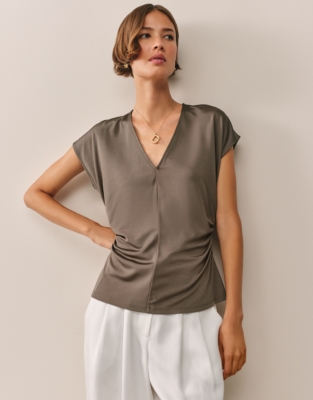 Jersey Draped-Waist V-Neck Top