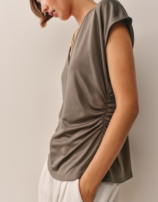 Jersey Draped-Waist V-Neck Top
