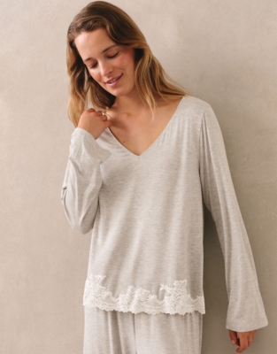 Jersey Lace Applique Long Sleeve Pyjama Set - Cloud Marl