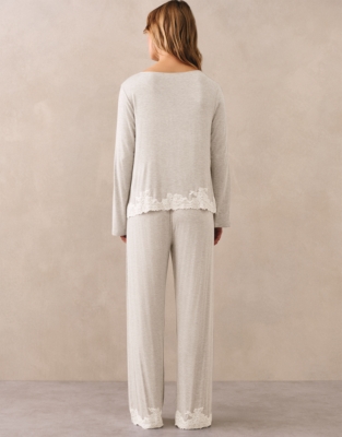 Jersey Lace Applique Long Sleeve Pyjama Set - Cloud Marl