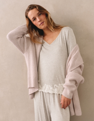 Jersey Lace Applique Long Sleeve Pyjama Set - Cloud Marl