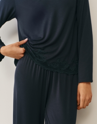 Jersey Lace Applique Long Sleeve Pyjama Set - Navy