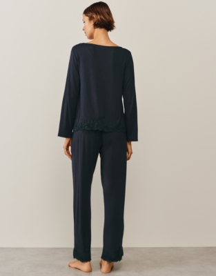 Jersey Lace Applique Long Sleeve Pyjama Set - Navy