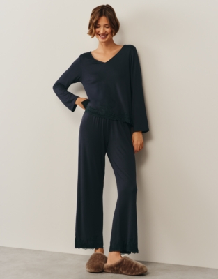 Jersey Lace Applique Long Sleeve Pyjama Set - Navy