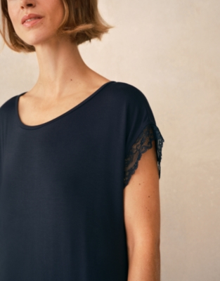 Jersey Lace Hem Nightdress - Navy