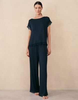Jersey Lace Hem Pyjama Set - Navy