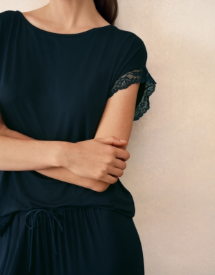 Jersey Lace Hem Pyjama Set - Navy