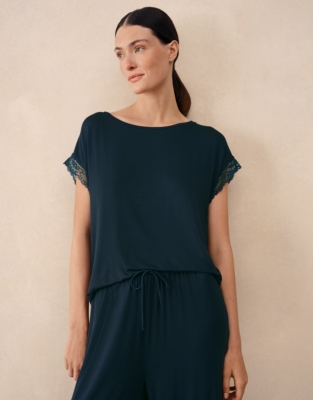 Jersey Lace Hem Pyjama Set - Navy