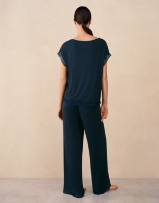 Jersey Lace Hem Pyjama Set - Navy