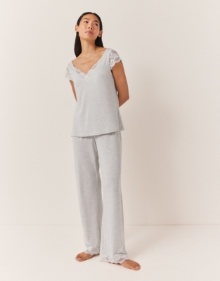 Jersey Lace Trim Detail Pajama Set