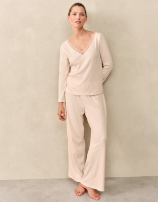 Jersey Lace Trim Long Sleeve Ribbed Pyjama Set