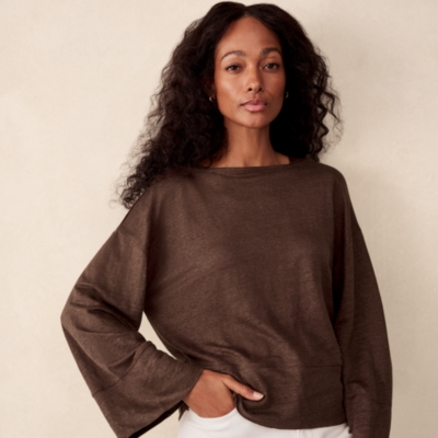 Jersey Linen Boat Neck Deep Hem Long Sleeve Tee 