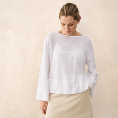 Jersey Linen Boat Neck Deep Hem Long Sleeve Tee 