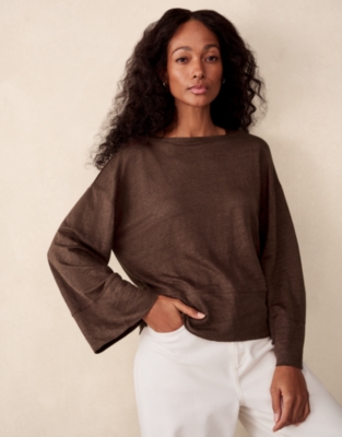Jersey Linen Boat Neck Deep Hem Long Sleeve Tee  - Chocolate