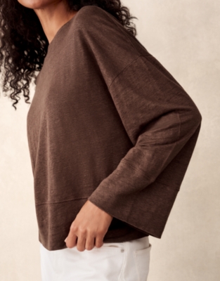 Jersey Linen Boat Neck Deep Hem Long Sleeve Tee  - Chocolate