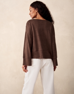 Jersey Linen Boat Neck Deep Hem Long Sleeve Tee  - Chocolate