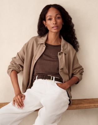 Jersey Linen Boat Neck Deep Hem Long Sleeve Tee  - Chocolate