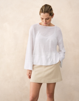 Jersey Linen Boat Neck Deep Hem Long Sleeve Tee 