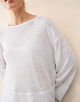 Jersey Linen Boat Neck Deep Hem Long Sleeve Tee  - White