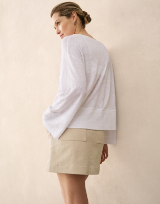 Jersey Linen Boat Neck Deep Hem Long Sleeve Tee  - White