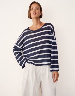 Jersey Linen Oversized Stripe Long Sleeve Tee - Navy