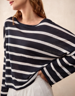 Jersey Linen Oversized Stripe Long Sleeve Tee - Navy