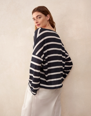 Jersey Linen Oversized Stripe Long Sleeve Tee - Navy