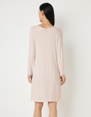 Jersey Long Sleeve Appliqué Lace Nightie - Cloud Pink