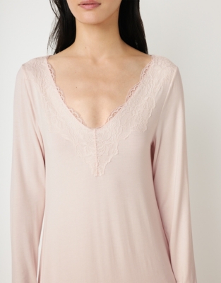 Jersey Long Sleeve Appliqué Lace Nightie - Cloud Pink