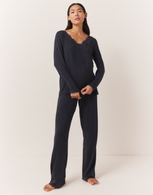 Jersey Long Sleeve Applique Lace Pyjama Set - Navy