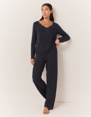 Jersey Long Sleeve Applique Lace Pyjama Set - Navy