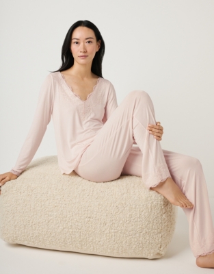 Jersey Long Sleeve Applique Lace Pyjama Set - Cloud Pink