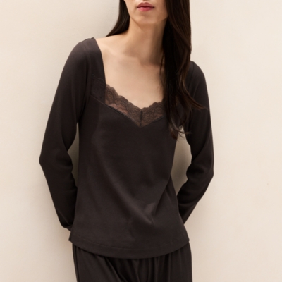 Jersey Rib Lace Open-Neck Pyjama Set