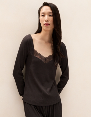 Jersey Rib Lace Open-Neck Pyjama Set