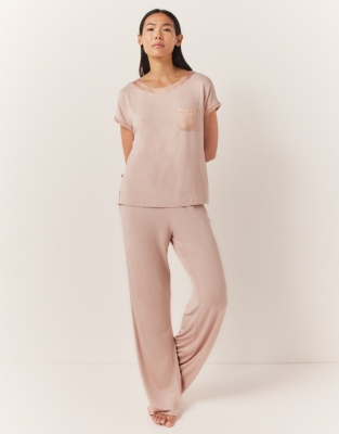 Jersey Satin Trim T-Shirt Pajama Set