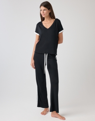 Jersey Satin Trim V-Neck Pajama Set