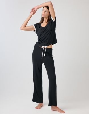 Jersey Satin Trim V-Neck Pajama Set