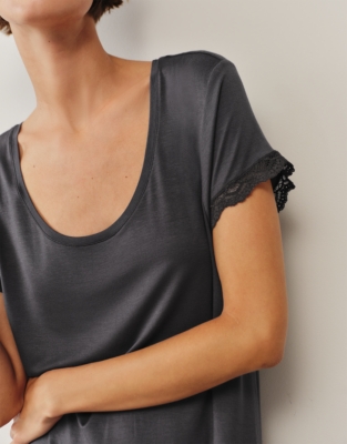 Jersey Scoop Neck Lace Trim Nightie - Graphite